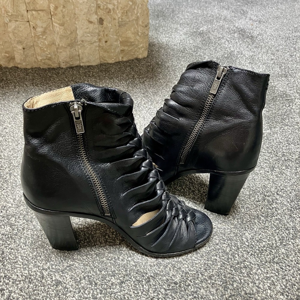 Frye Sofia Size 7 Black Leather Braided Peep Toe Bootie Sandals Block Heel Shoes - Picture 3 of 5